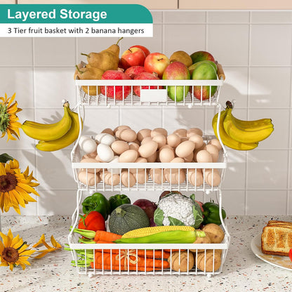 2 Tier Fruit Basket for Kitchen Counter with 2 Banana Hangers, Countertop Metal Bread Basket with Wooden Handle, Large Storage Stand for Vegetables, Snacks, Eggs, Produce Storage – Black