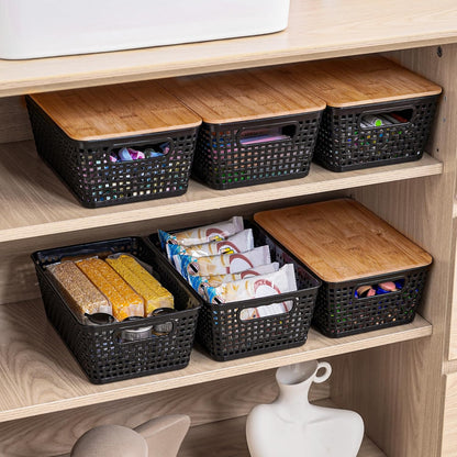 Small Storage Bins with Lids 6 Packs, Plastic Storage Basket with Bamboo Lid for Pantry Organization and Storage Containers for Shelves Drawers Desktop Closet Playroom Office Home, White