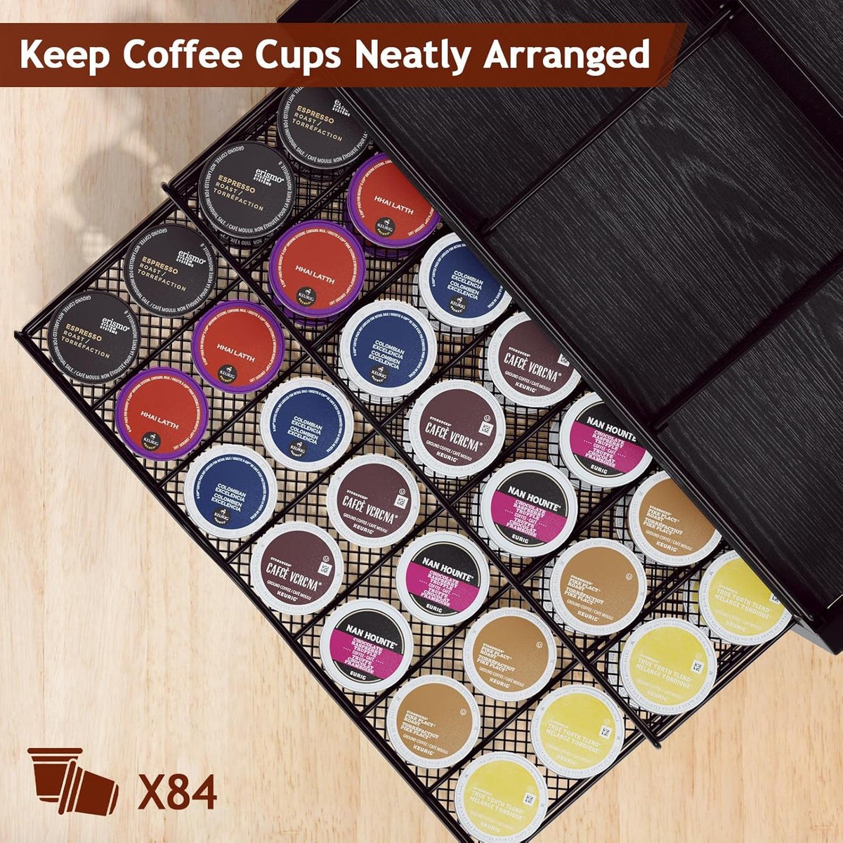 Homsorout Coffee Bar Organizer - Coffee Station for Countertop, Metal and Wood K Cup holder Storage Basket for Coffee Pods, Syrup, Cups, Stirrer, Coffee Condiment, Tea Organizer, Black and Brown