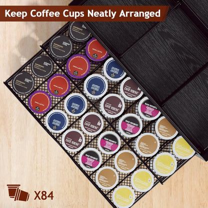 Homsorout Coffee Bar Organizer - Coffee Station for Countertop, Metal and Wood K Cup holder Storage Basket for Coffee Pods, Syrup, Cups, Stirrer, Coffee Condiment, Tea Organizer, Black and Brown