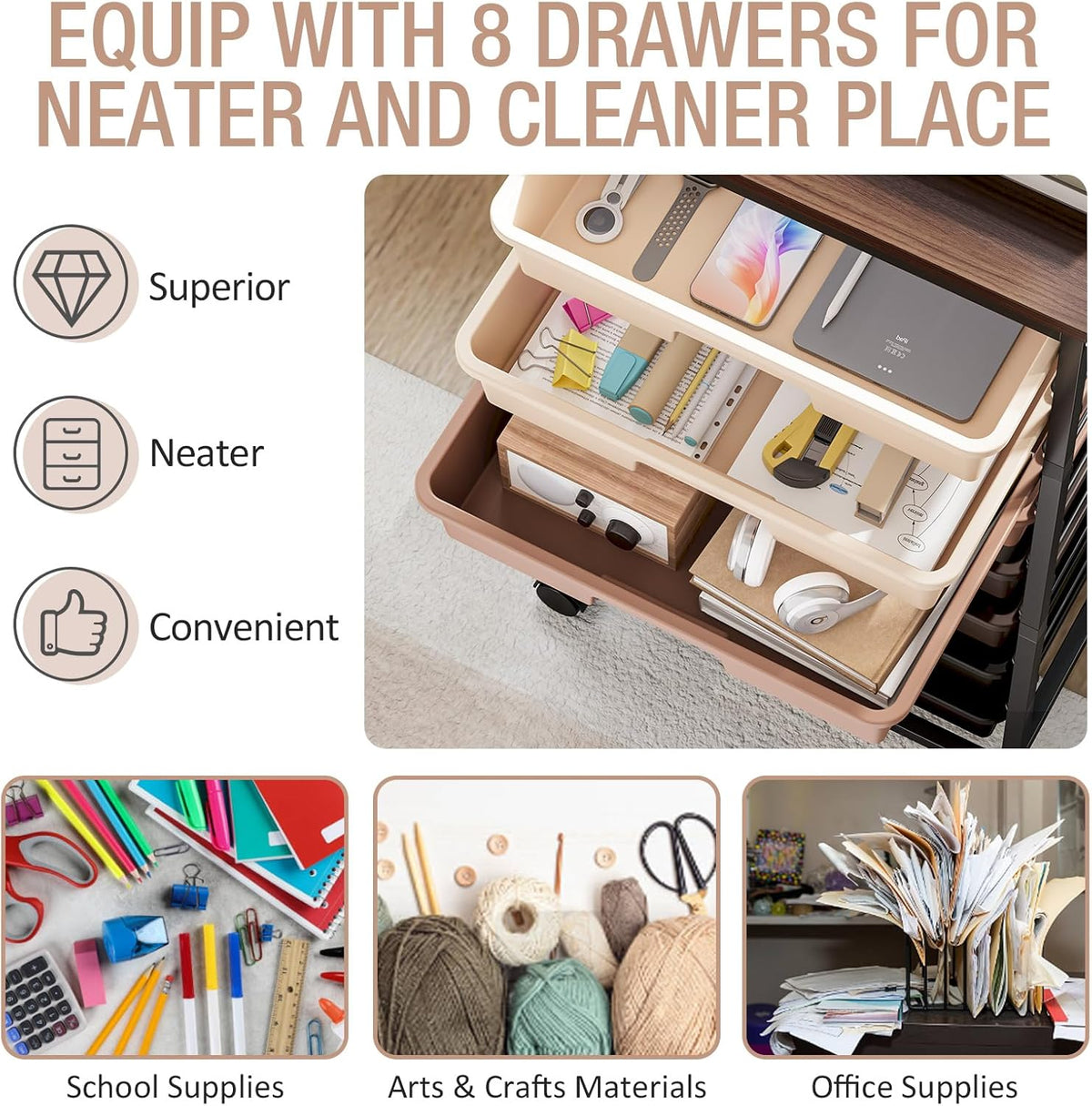 Rolling Cart with Drawers, Pink Cart with 8 Plastic Drawer Storage and Wooden Tabletop, Craft Storage, Teacher Cart, Storage Cart on Wheels, Rose Pink