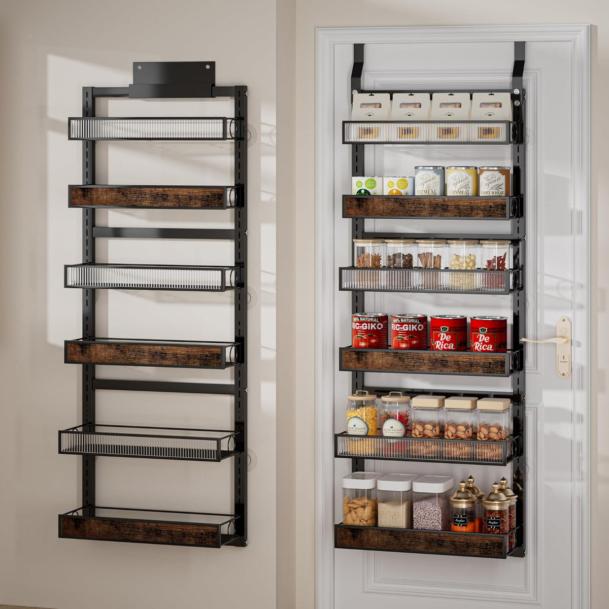 8 Tier Over The Door Pantry Orangizer 2 IN 1 Wall Mounted or Hanging Spice Rack with Adjustable Wood Basket,Heavy Duty Seasoning Storage Shelf for Kitchen Pantry and Bathroom
