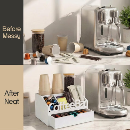 Coffee Bar Organizer for Countertop – Wooden Coffee Caddy with Compartments for Pods, Sugar Packets, and Accessories – Coffee Condiment Station Storage for Home and Office (Black)