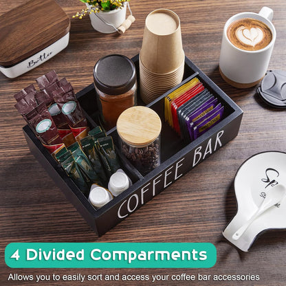 ALELION Coffee Station Organizer - Wood Countertop Accessories Organizer with Removable Dividers for Pods Condiment Syrup Tea Cups Stirrers - for Farmhouse Coffee Bar Decor