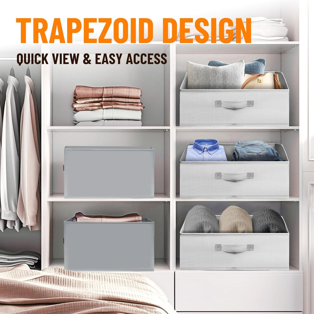 Criusia Closet Organizers Bins - Large Collapsible Shelf Organizer with Handles - Fabric Trapezoid Home Organization and Storage Baskets for Organizing Clothes Toy Blanket Towel Purse Hats