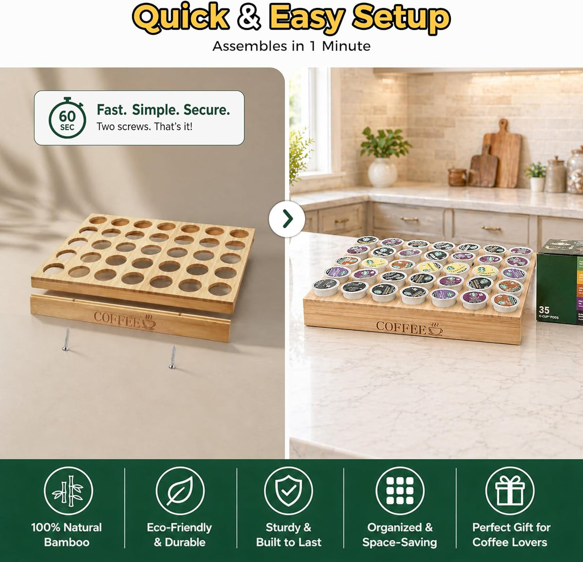 MinBoo BamBoo k cup holder Drawer or Countertop k cup Organizer Coffee Pod Holder Hold 35 Coffee Pod Storage Kcup coffee pods holder for coffee station Office and Kitchen k cup storage