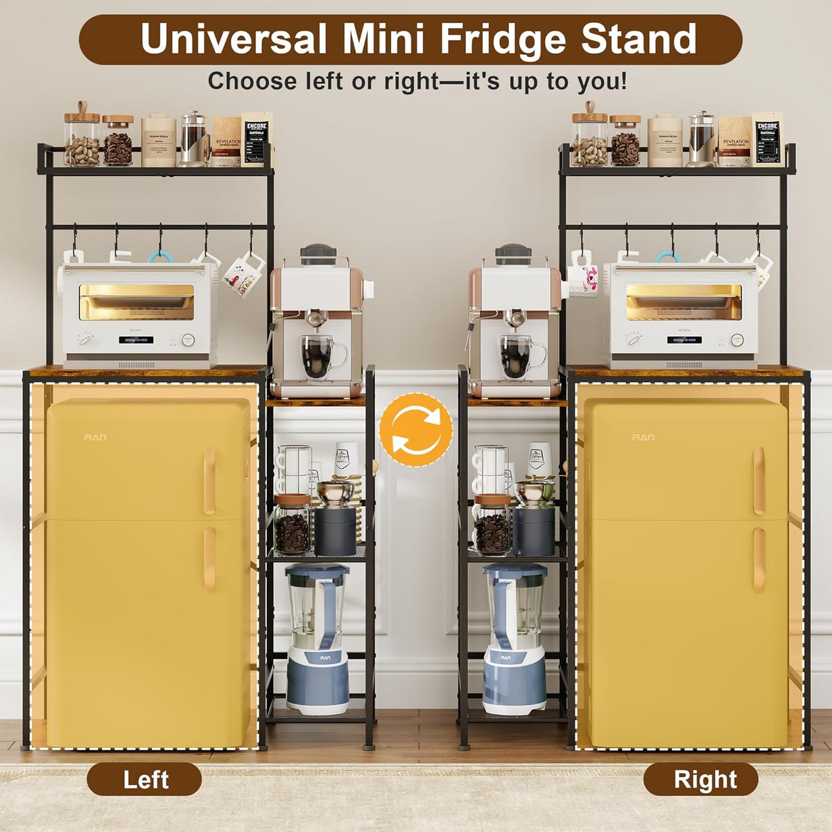 Yuyetuyo Mini Fridge Stand with Storage Shelves, Wine Cabinet, Microwave Stand, Coffee Bar, TV Stand, Bakers Rack, Beverage Refrigerator Table Adjustable for Dorm Apartment Kitchen Rustic Brown