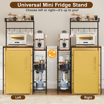 Yuyetuyo Mini Fridge Stand with Storage Shelves, Wine Cabinet, Microwave Stand, Coffee Bar, TV Stand, Bakers Rack, Beverage Refrigerator Table Adjustable for Dorm Apartment Kitchen Rustic Brown