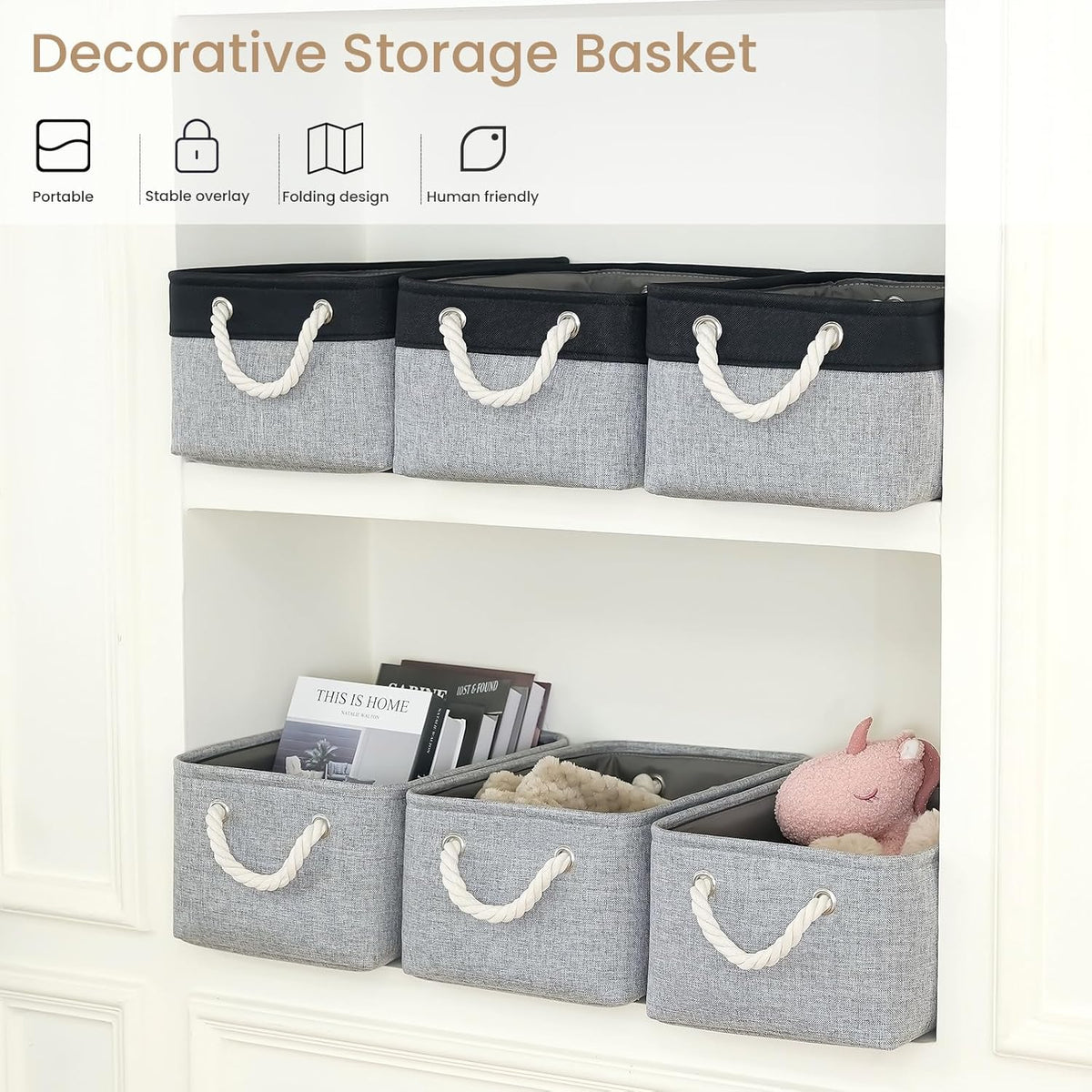 Large Storage Baskets- 15.7x11.8x8.26 inch Storage Bins for Shelves and Closet Organizing, Foldable Fabric Bin for Home Organization Clothes and Laundry (3-Pack, White&Khaki)