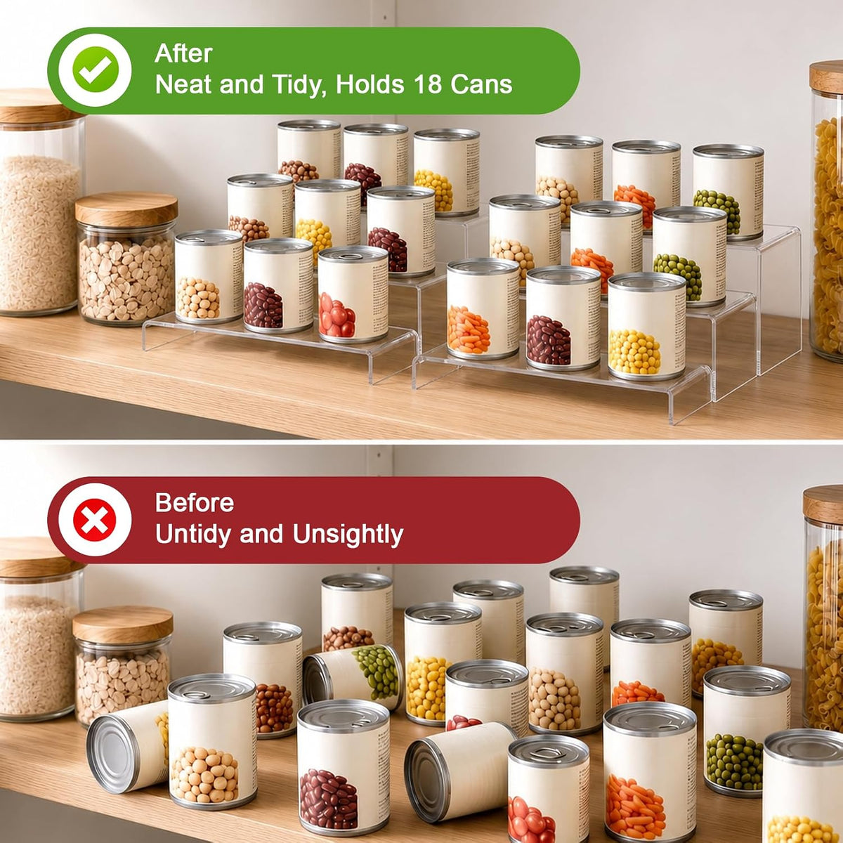 Expandable Can Rack Organizer 2 Pack, 3-Tier Adjustable Length | Set of 2 Holds Up to 36 Cans, Stability with Non-Skid Shelf, Canned Goods Storage Display for Pantry, Cabinet