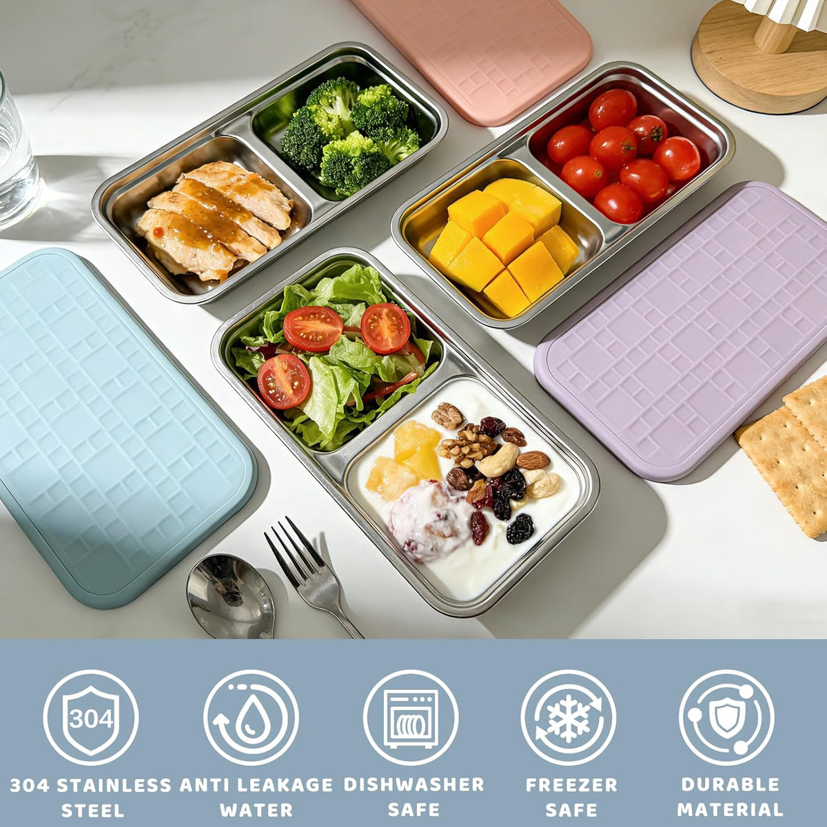 3 Pack 15 oz Stainless Steel Snack Containers for Kids, Reusable Metal Snack Containers with Silicone Lids, 2 Compartment Stackable Metal Toddler Lunch Box for Daycare, School and Outdoor
