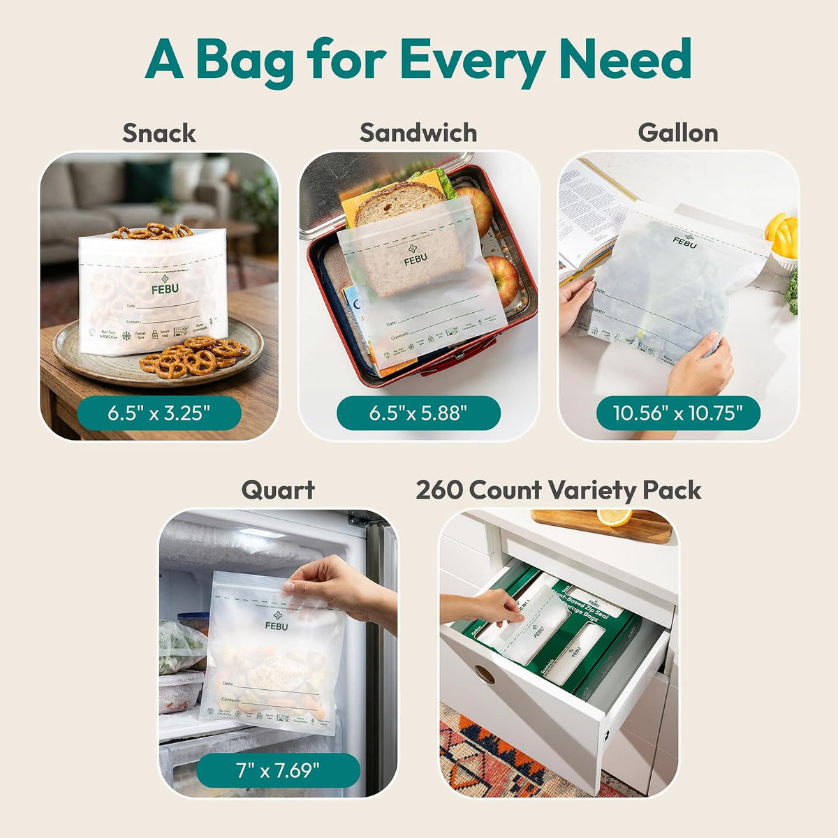 FEBU Compostable Food Storage Bags Variety Pack, 260 Count | Compostable & Biodegradable | PFAS & BPA Free | Drawer Organizer Box | 90 Snack, 90 Sandwich, 50 Quart, 30 Gallon