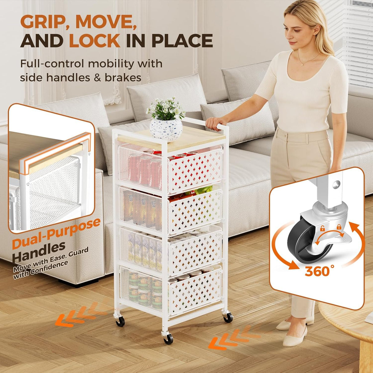 5 Tier Kitchen Storage Cart with Wheels, Utility Fruit Vegetable Storage Rack Stand with Pull-Out Baskets & Wood Top, Metal 4-Drawers Rolling Snack Cart, Kitchen Cart for Potato Onion(Black)