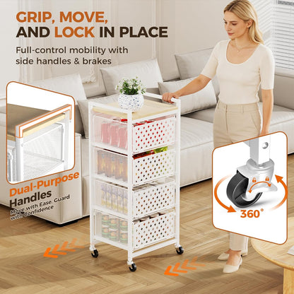 5 Tier Kitchen Storage Cart with Wheels, Utility Fruit Vegetable Storage Rack Stand with Pull-Out Baskets & Wood Top, Metal 4-Drawers Rolling Snack Cart, Kitchen Cart for Potato Onion(Black)