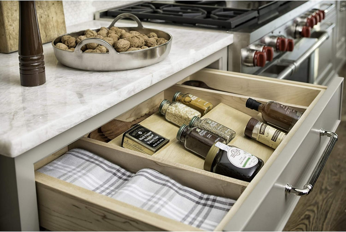 Rev-A-Shelf 36" 3 Tiered Seasoning Organizer, Trim-to-Custom-Fit Wooden Kitchen Draw and Cabinet Home Storage Insert, Pull Out Spice Rack, Maple, 4SDI-36-1