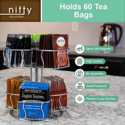 Nifty Tea Bag Spinning Carousel – 6 Compartments, Up to 60 Tea Bags Storage, Spins 360-Degrees, Lazy Susan Platform, Modern White Design, Home or Office Kitchen Counter Organizer