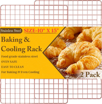 2PCS Cooling Racks for Cooking and Baking - 10" x 15"Heavy Duty Stainless Steel Wire Rack for Baking, Grilling, Roasting - Oven & Dishwasher Safe - Fits Jelly Roll Sheet Pan-Silver