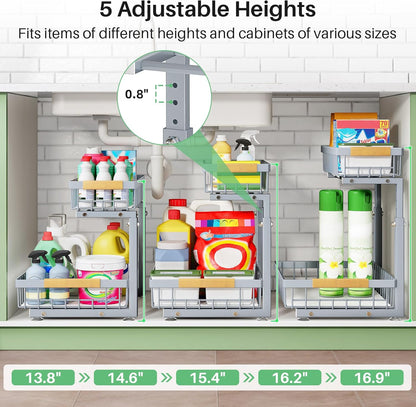 Kitstorack Under Sink Organizer, 2 Tier Under the Sink Storage, Slide out Pull out Cabinet Organizer Shelf, Metal Sliding Drawer for Kitchen Bathroom Pantry Closet Organization Rack, Black