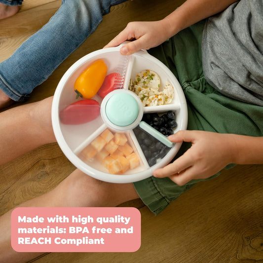 GoBe Kids Small Snack Spinner Slide Bundle with Hand Strap and Sticker Sheet - Reusable Snack Container with 5 Compartment Dispenser and Lid | BPA/PVC Free | Dishwasher Safe | No Spill - Coral Pink