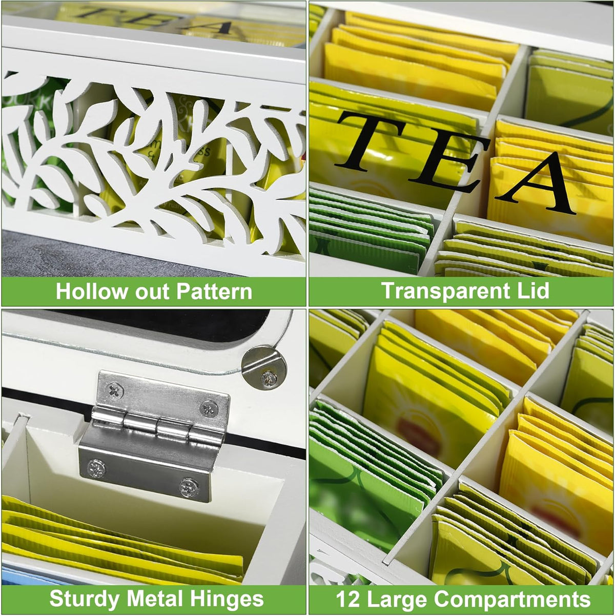 Tea Box Organizer,Wood Tea Organizers and Storage,12 Compartments Teas Bag Organizers,Teas Bag Holder Organizer,Wooden Storage Box for Countertop Kitchen Cabinet Pantry
