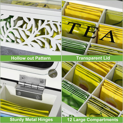 Tea Box Organizer,Wood Tea Organizers and Storage,12 Compartments Teas Bag Organizers,Teas Bag Holder Organizer,Wooden Storage Box for Countertop Kitchen Cabinet Pantry