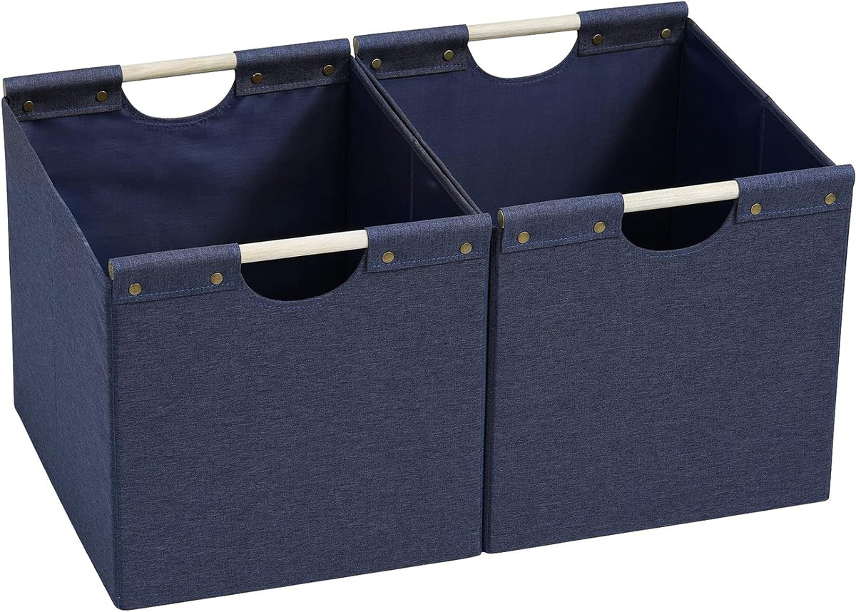 HOONEX Large Collapsible Storage Bins, Linen Fabric, Pack of 2, Storage Baskets with Wooden Carry Handles and Sturdy Heavy Cardboard, for Home, Office, Car, Nursery, Black
