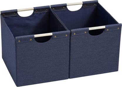 HOONEX Large Collapsible Storage Bins, Linen Fabric, Pack of 2, Storage Baskets with Wooden Carry Handles and Sturdy Heavy Cardboard, for Home, Office, Car, Nursery, Black