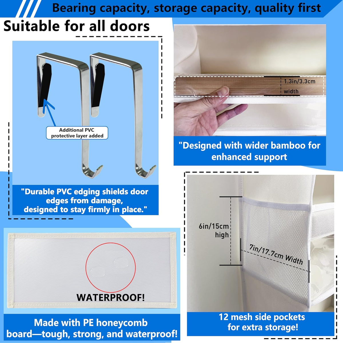 Over the Door Organizer Storage 6 Tier, 12 Large Capacity Side Pockets, Heavy Duty Metal Reinforced Hook Anti Tilt 75 LB Load Behind Door Storage for Bedroom Bathroom Pantry Nursery
