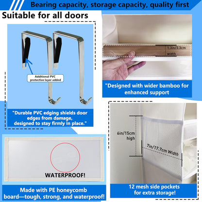 Over the Door Organizer Storage 6 Tier, 12 Large Capacity Side Pockets, Heavy Duty Metal Reinforced Hook Anti Tilt 75 LB Load Behind Door Storage for Bedroom Bathroom Pantry Nursery