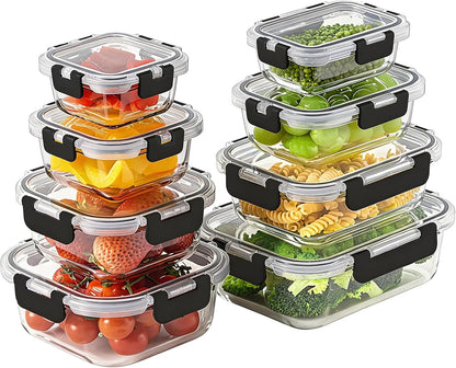 8 Pack Borosilicate Glass Food Storage Containers with Lids, Glass Meal Prep Containers, Airtight Bento Lunch Boxes with Snap Locks, Oven, Freezer and Dishwasher Safe, BPA Free, Kitchen Storage Set