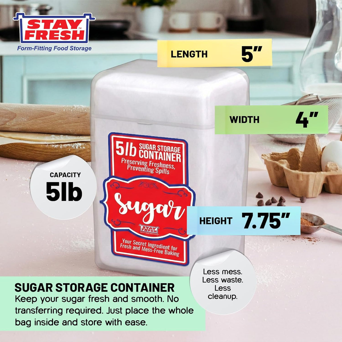 Stay Fresh Clear Storage Container - BPA Free Plastic Canister for Kitchen Pantry, Baking Needs - Holds 5LB Bag - Large Form-Fitting Food Keeper Bin - Food Holder (Flour)