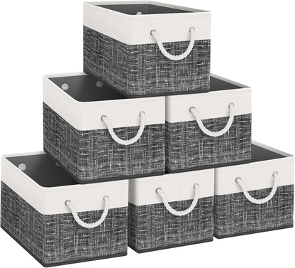 Fab totes Storage Bins, Foldable Storage Baskets for Organizing Toys, Books, Shelves, Closet, Large Storage Box with Rope Handles, Sturdy Organizer Bins, White & Grey