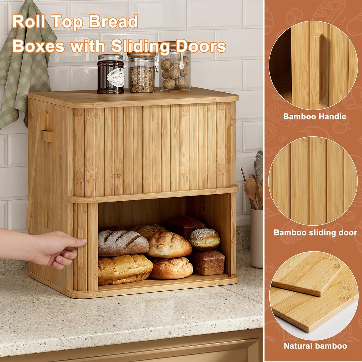 WOWLIVE Bread Box for Kitchen Countertop, Large Roll Top Bread Boxes with Sliding Door, Airtight Bread Storage Container for Loaves, Pastries & Bagels, Bamboo Counter Organizer (Natural, Medium)