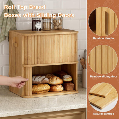 WOWLIVE Bread Box for Kitchen Countertop, Large Roll Top Bread Boxes with Sliding Door, Airtight Bread Storage Container for Loaves, Pastries & Bagels, Bamboo Counter Organizer (Natural, Medium)