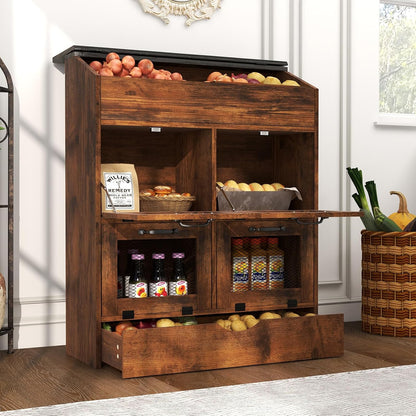Verano Garden Potato Storage Bin, Wood Bread Box with Lid, Farmhouse Potato and Onion Storage Bin with Mesh Doors, Fruit and Vegetable Storage Rack with Removable Drawer (Rustic Brown, 16.0")