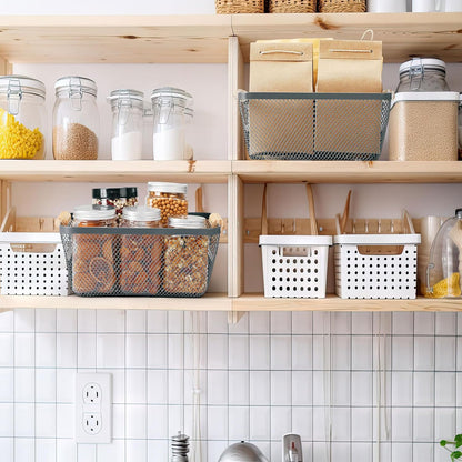 Ziliny 4 Pcs Metal Mesh Wire Baskets with Wooden Handles for Organizing, Pantry Organizers and Storage Steel Bin Kitchen Baskets for Fruit Potato Onion Snacks Bathroom Cabinet(Small,Black)