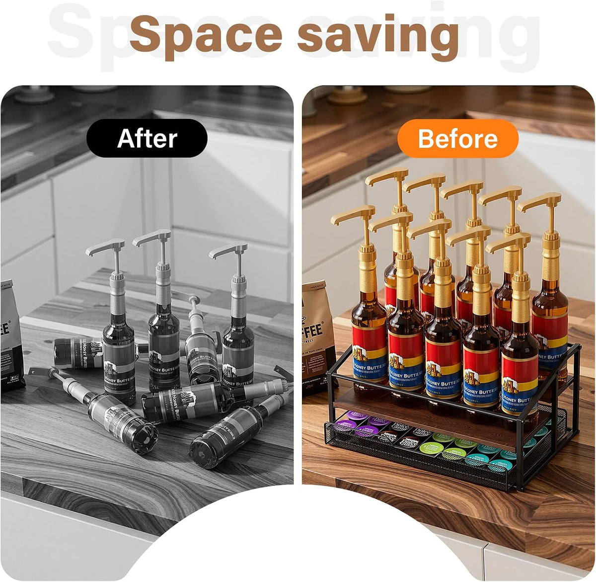 kimilus Coffee Syrup Rack Organizer, 4-Tier 12 Bottle Syrup Rack with 35 K Cup Drawer for Coffee Bar, Countertop Bottle Holder Stand for Dressing for Kitchen Cafe Station