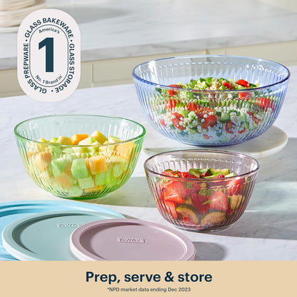 Pyrex Colors Tinted (Full Set) Sculpted Tinted Glass Mixing Bowls With Plastic Lids, Nesting Space Saving Set of Bowls For Prepping and Baking, 1.3QT, 2.3QT & 4.5QT