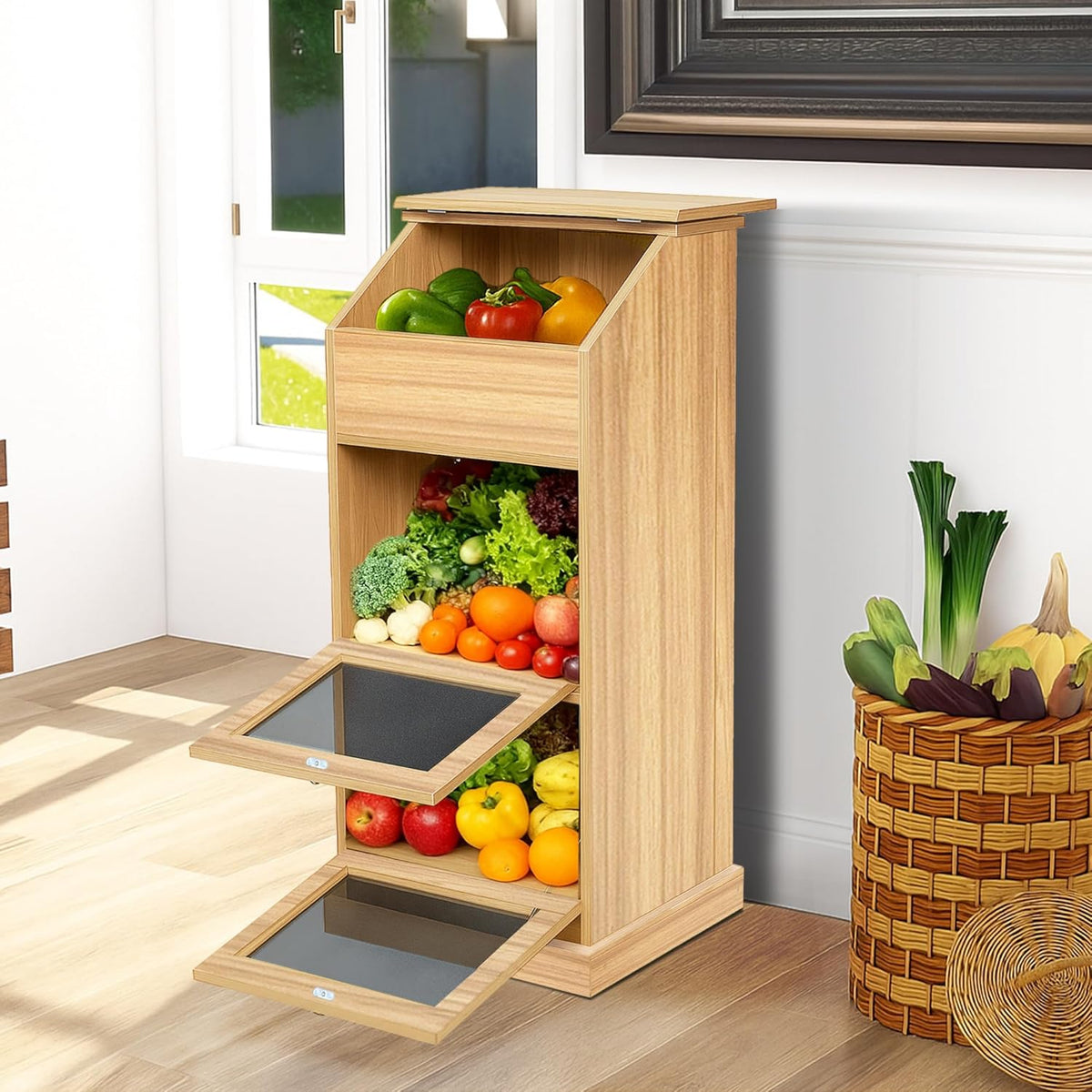Potato Storage Bin, 3-Tier Potato and Onion Storage Bin with Lid, Wooden Bread Box for Fruit and Vegetable,Food Storage Containers for Kitchen Pantry (Oak)