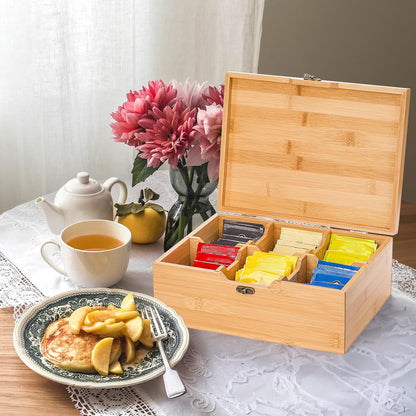 Lyellfe Tea Organizer Box, Bamboo Tea Bag Holder with Lid, Multi-purpose 6-Compartment Coffee Condiment Holder Storage Caddy for Home, Office, Café