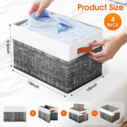 Fab totes Collapsible Storage Baskets for Shelves,14"x10", Foldable Fabric Storage Bins with Double Leather Handles, Large Baskets for Organizing Books, Clothes, White & Grey