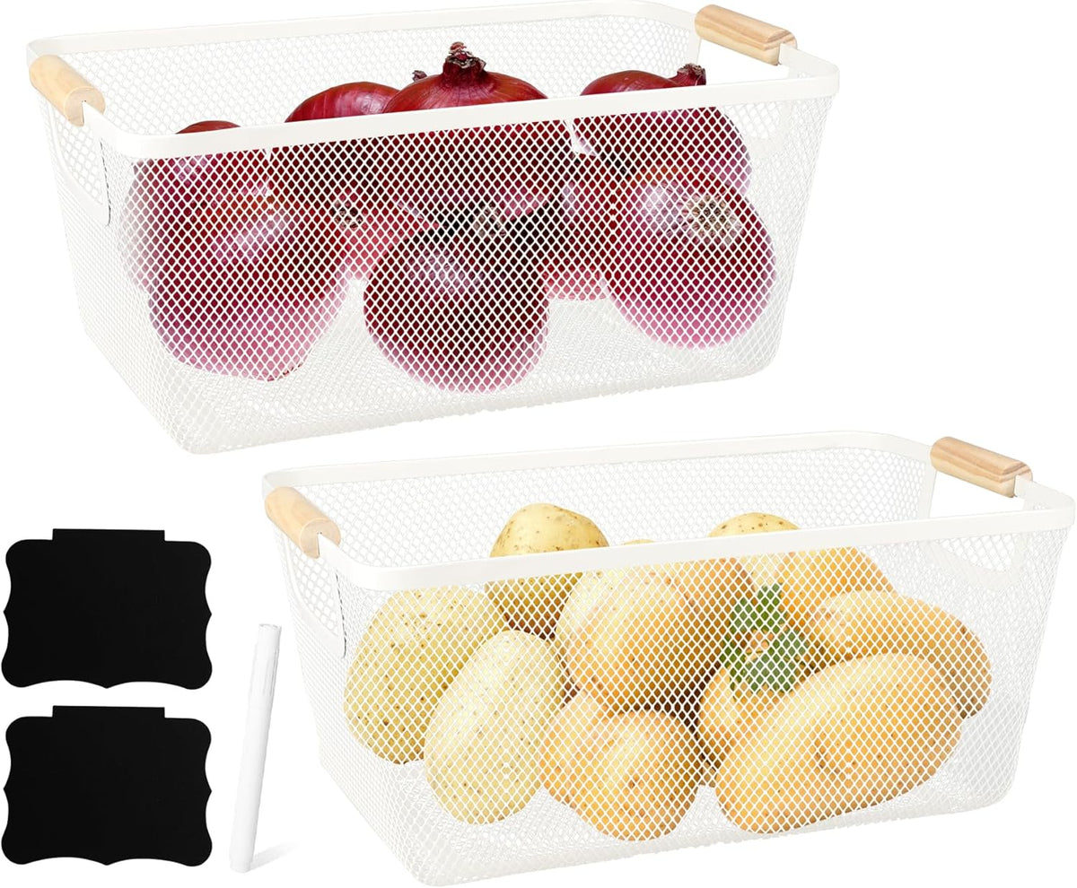 Potato and Onion Storage Bin, 2 Set Potato Bin Storage and Onion Container with Wooden Handle, Pantry Kitchen Organization and Storage, Metal Mesh Baskets for Fruit, Vegetable, Produce-Black