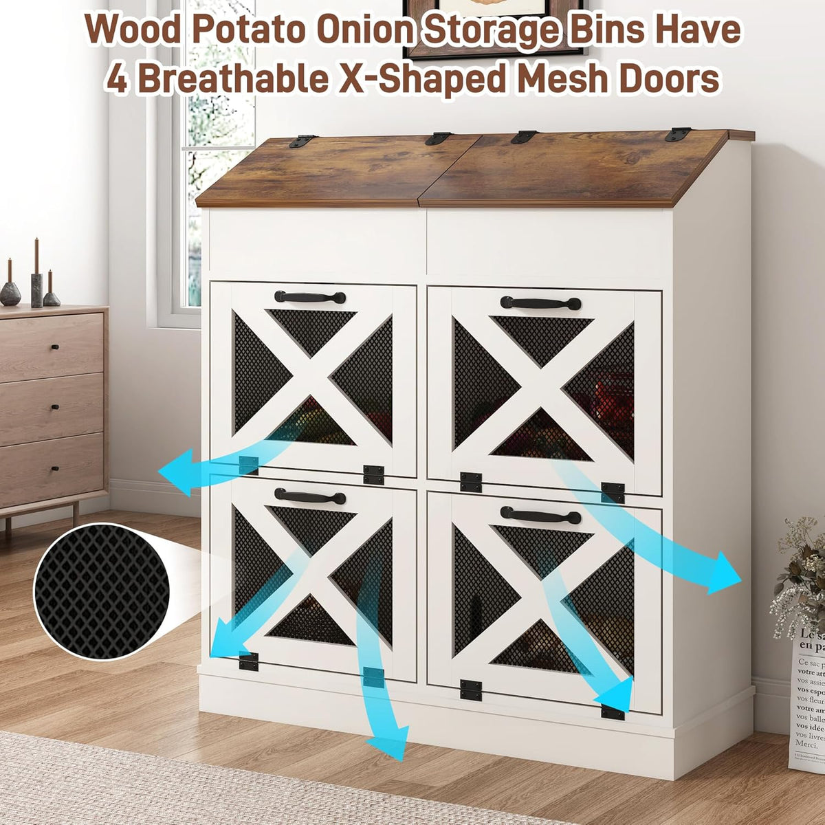 Potato And Onion Storage Bin with Lid,Veggie Bin W/6 Large Storage Box.Root Vegetable Storage Box For Kitchen,Farmhouse Potato Storage Bin W/4 Mesh Doors,Bread Keeper for Toast,Bagel,Donut,Cookies