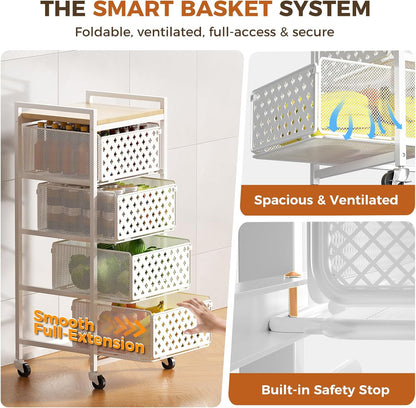 5 Tier Kitchen Storage Cart with Wheels, Utility Fruit Vegetable Storage Rack Stand with Pull-Out Baskets & Wood Top, Metal 4-Drawers Rolling Snack Cart, Kitchen Cart for Potato Onion(Black)