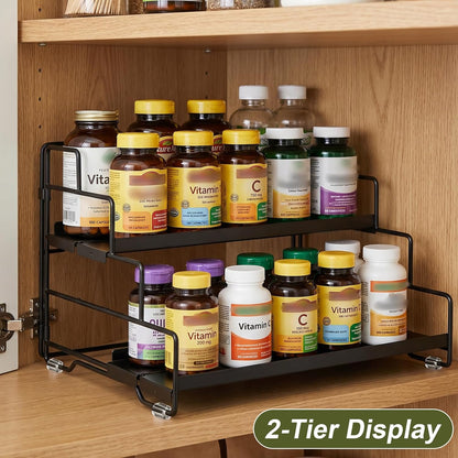 Spice Rack Organizer for Cabinet, Tiered Adjustable Spice Shelf Organization, Metal Seasoning Rack for Kitchen Countertop Cupboard Pantry, Raised Edge Anti-Slip Design for Jars and Bottles