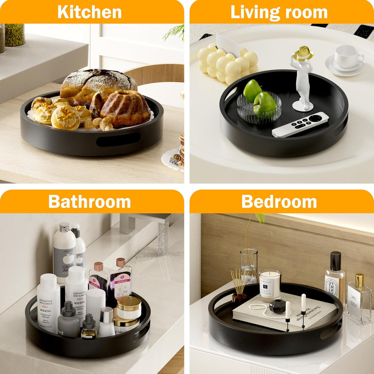 Lazy Susan Organizer Homerays 12 Inch Non-Skid Bamboo Lazy Susan for Kitchen Rotating Spice Rack with Handles, Wood Turntable for Kitchen Cabinet,Countertop (Bamboo, Medium)