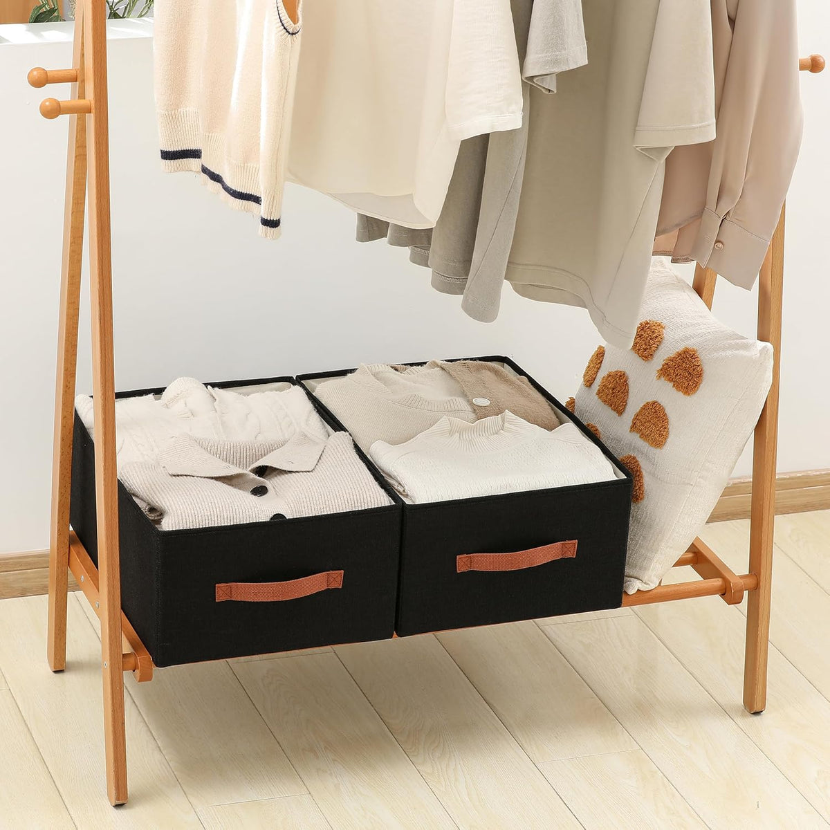 Linen Folding Storage Bins, 3 Pack Large Storage Baskets, Washable, Clothing Storage Bins with Handle, Closet Organizer for Storage Sweater,Sheets(Beige, 18½"x11 x8½)