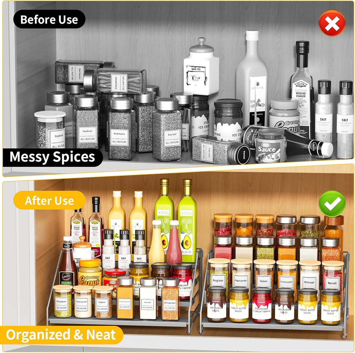 RCHYFEED Spice Rack Organizer for Cabinet Pantry,4 Tier Spice Rack Countertop, Depth Adjustable Spice Organization for Cabinet,Tierd Seasoning Organizer for Cabinet(Black) | for Cabinet Pantry