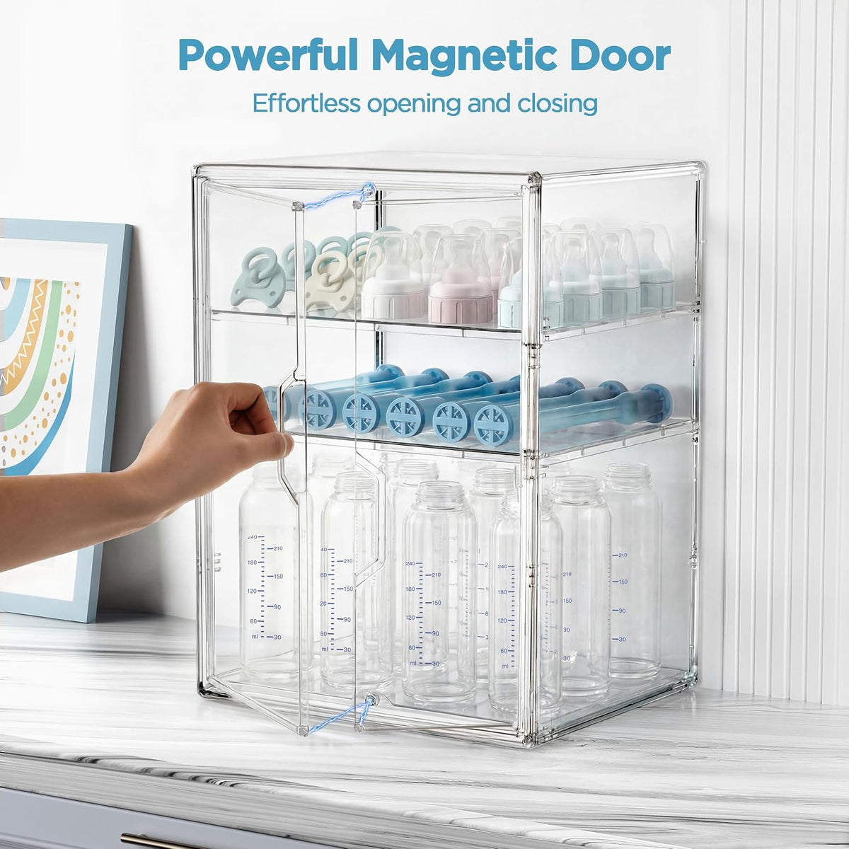 HBlife Baby Bottle Storage Organizer for Countertop Cabinet, 3 Tiers Adjustable Clear Acrylic Bottles Storage Station Case Box Container with 2 Removable Dividers and Magnetic Door, Large