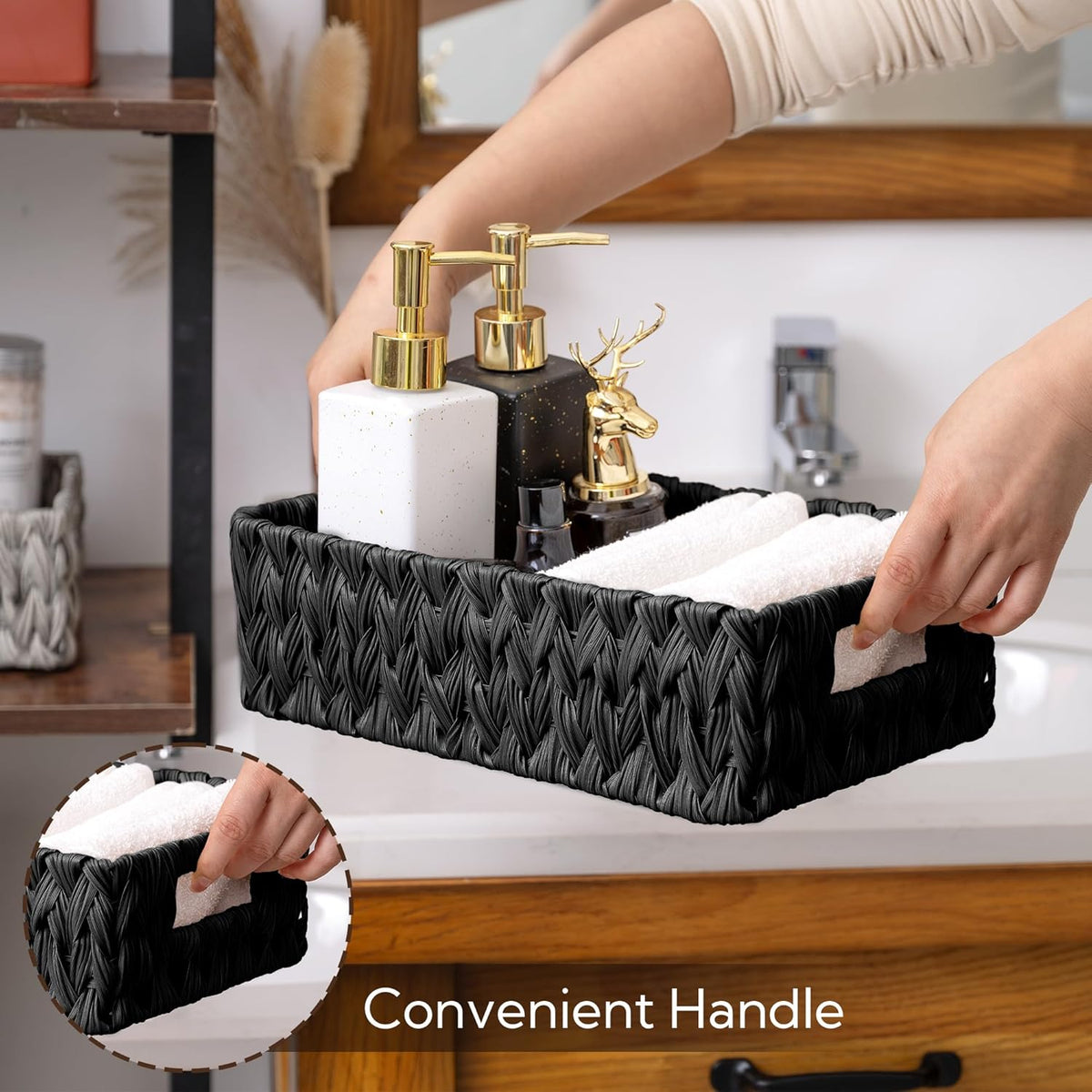 GRANNY SAYS Wicker Storage Baskets for Shelves, Wicker Baskets for Organizing, Waterproof Woven Basket for Pantry, Rectangle Basket for Shlef, Brown, 2-Pack